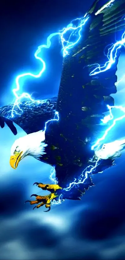 Eagle soaring through blue lightning-filled sky, creating a dynamic display.