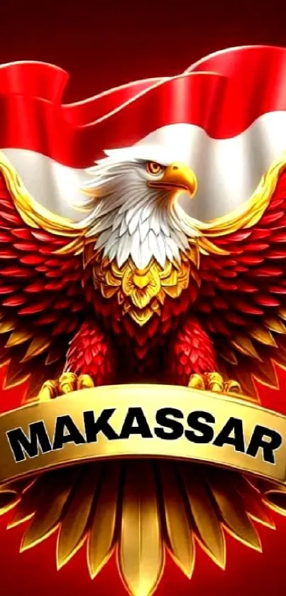 Majestic red and golden eagle with Makassar banner in vibrant colors.