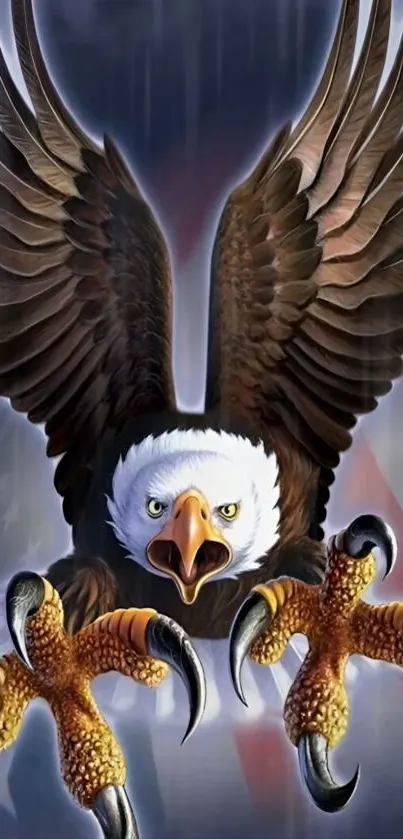 Majestic bald eagle with spread wings soaring down.