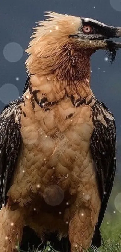 Eagle on grass, majestic and bold, nature wallpaper.