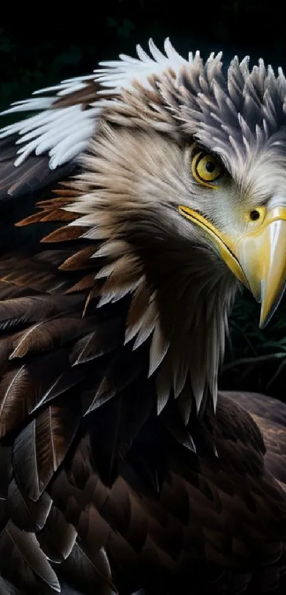 Close-up of majestic eagle with detailed feathers and piercing gaze on a dark background.