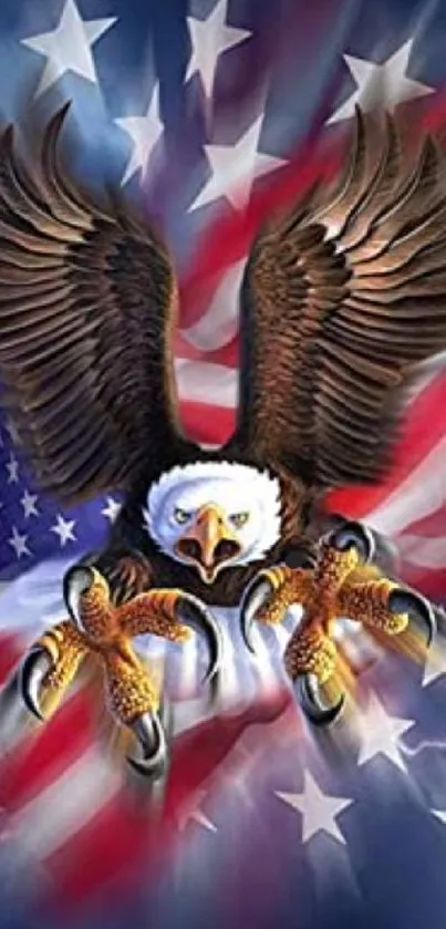 Eagle soaring over an American flag with vibrant colors.