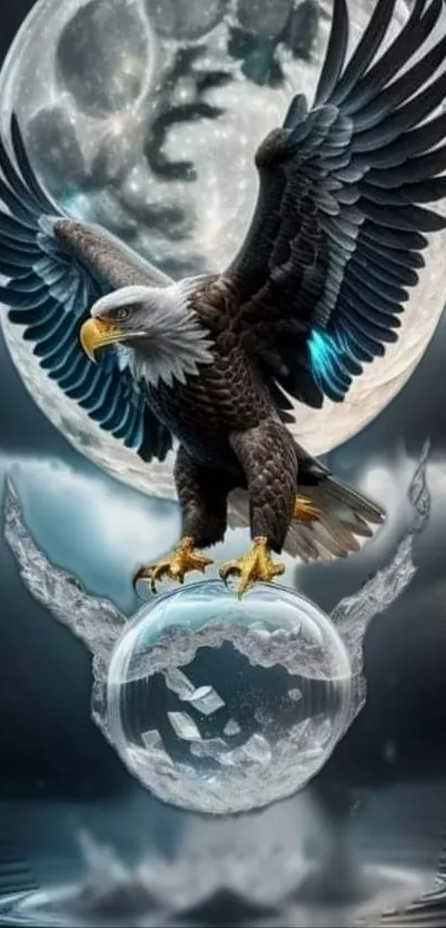 Eagle soaring under moonlit sky, glass water portal below.