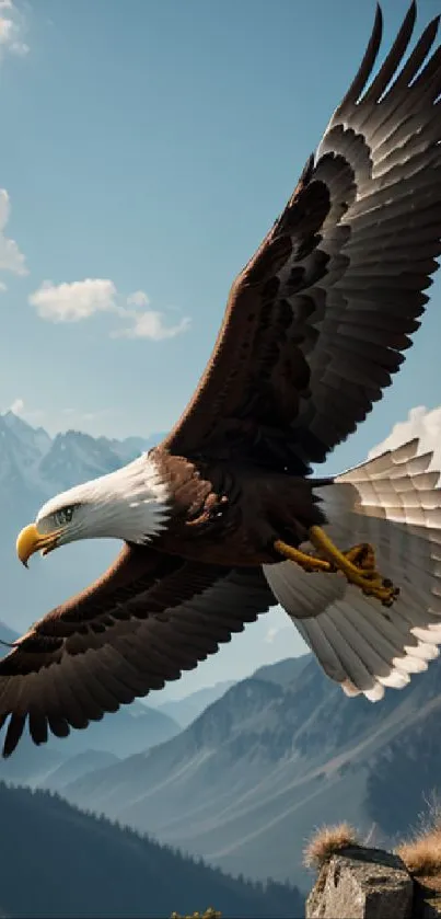 Eagle soaring above majestic mountains in a clear blue sky.