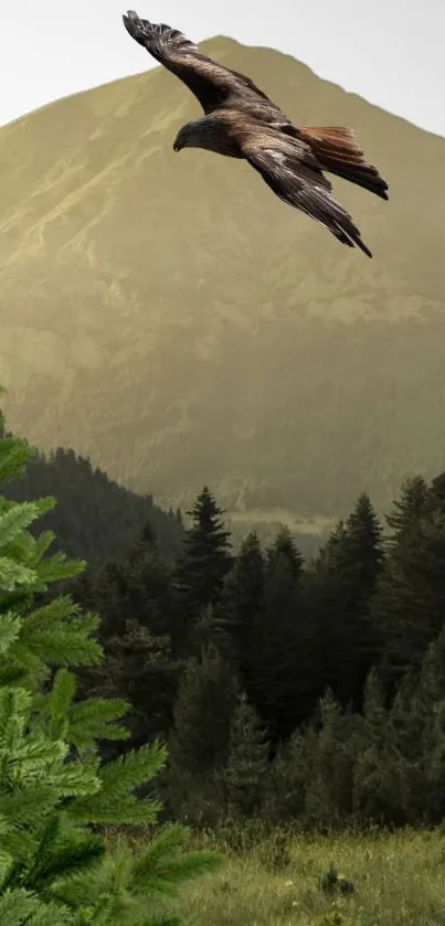 Eagle soaring over a green forest with a mountain in the background.