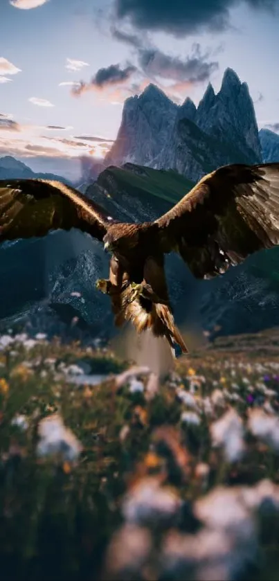 Eagle soaring over mountains at sunrise.