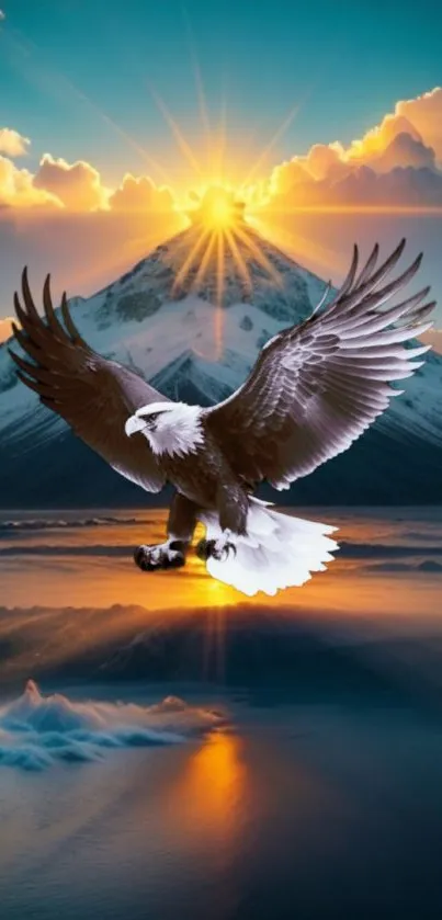 Eagle soaring over a mountain at sunrise with colorful sky.