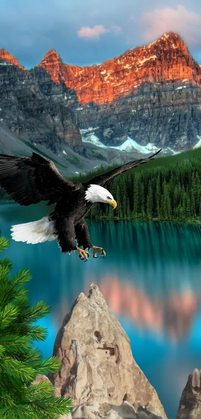 Eagle soaring over a mountain lake at sunset with vibrant orange peaks and green forest.