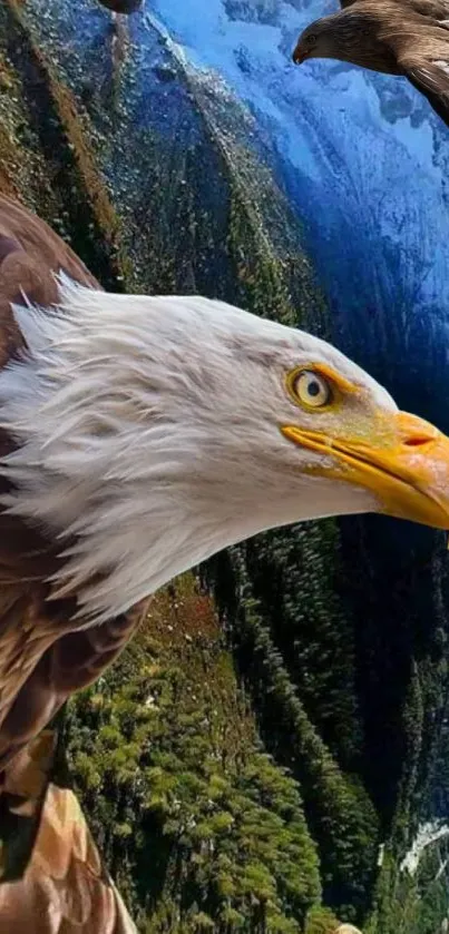 Bald eagle soaring over lush green mountains and valleys.