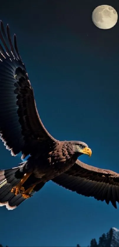 Eagle flying by moonlit sky over mountains.