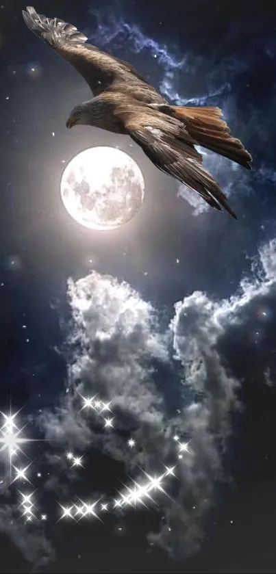 Eagle soaring in moonlit night sky with stars and clouds.