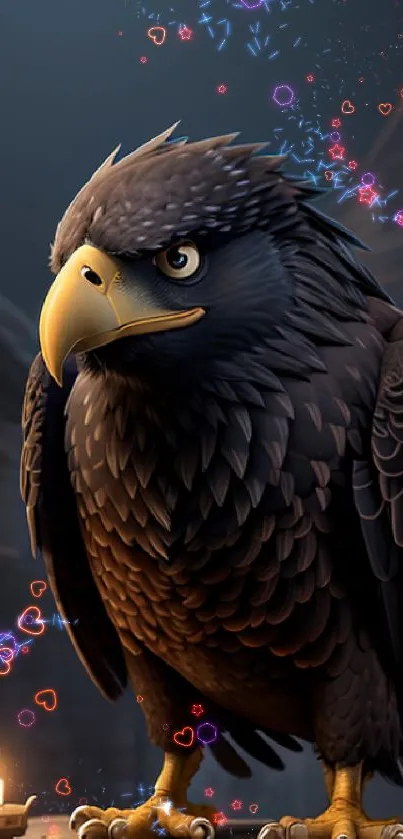 Dark eagle with candlelit night background.