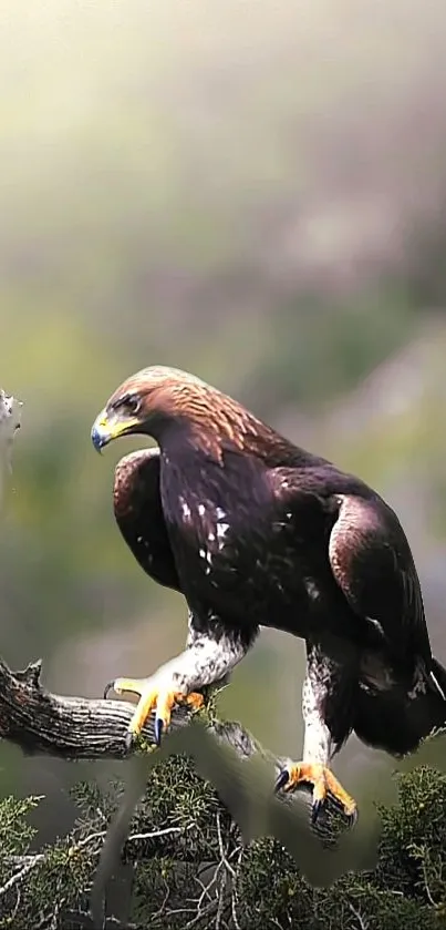 Majestic eagle perched on branch in nature setting.