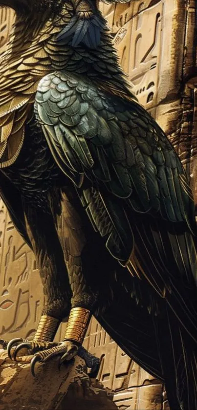 Eagle perched against an ancient Egyptian wall with hieroglyphics.