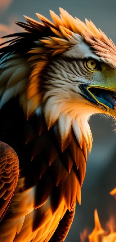 Majestic eagle with fiery flames background.