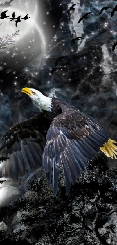 Eagle soaring against a black marble background with moonlit sky.