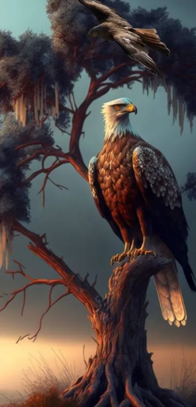 Majestic eagle perched on tree with serene background.