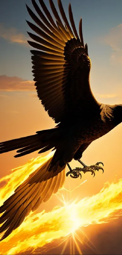 Eagle soaring in front of a fiery sunset sky.