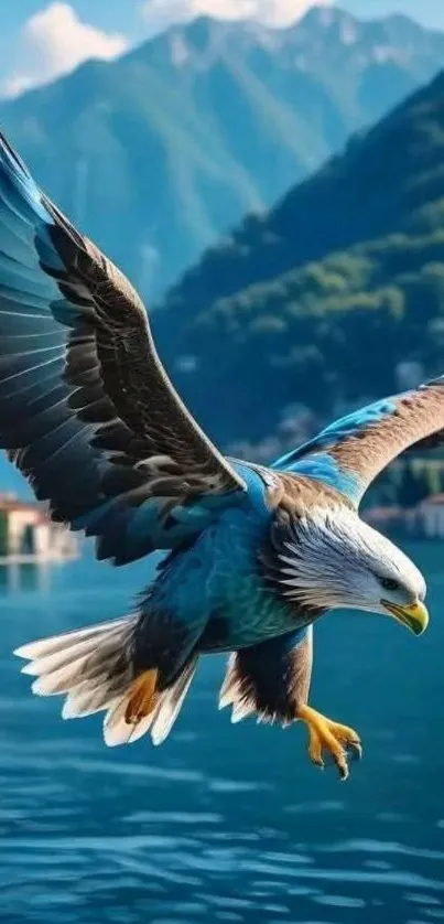 Majestic eagle soaring over a blue lake with mountain backdrop.