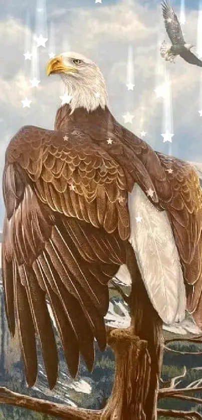 Majestic eagle perched on a branch with a mountain landscape background.