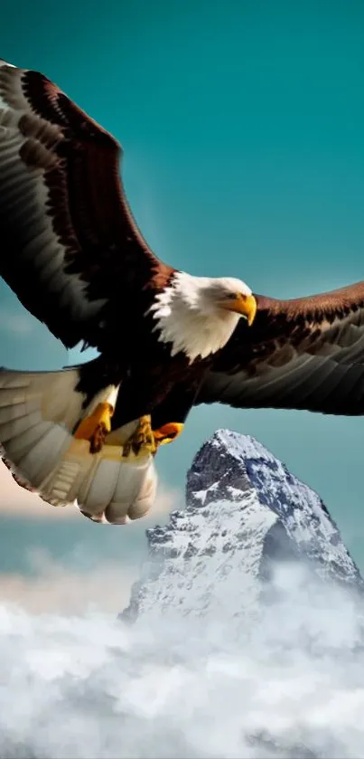 Majestic eagle soaring above snowy mountain peaks.