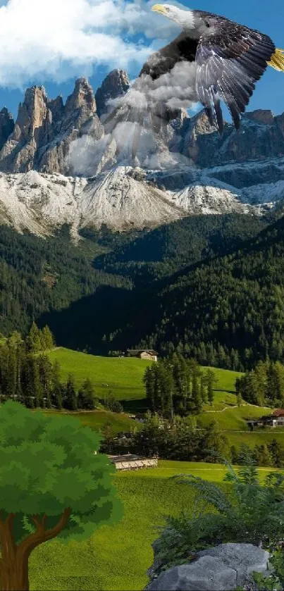 Eagle flying over lush green mountain landscape.