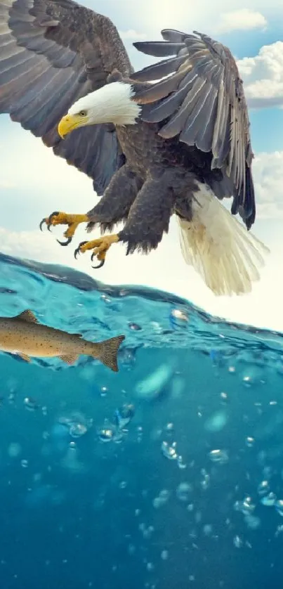 Eagle soaring over ocean with fish below.