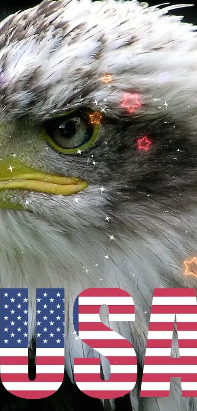 Majestic bald eagle with yellow beak and sharp eyes on a green background.