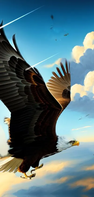 Majestic eagle soaring in a vibrant blue sky with clouds.