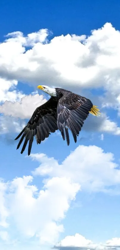 Eagle soaring through a bright blue, cloudy sky wallpaper.