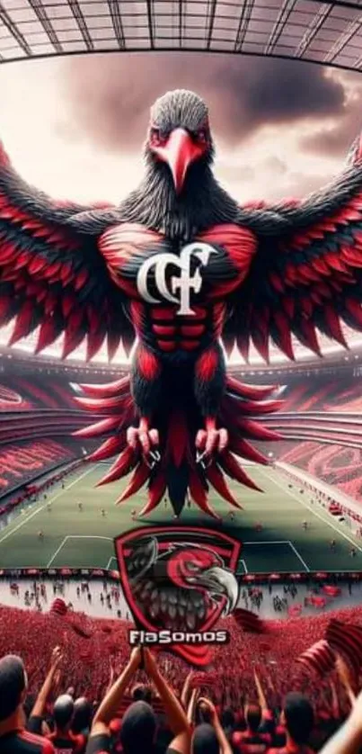 Red and black eagle soaring over a stadium crowd.