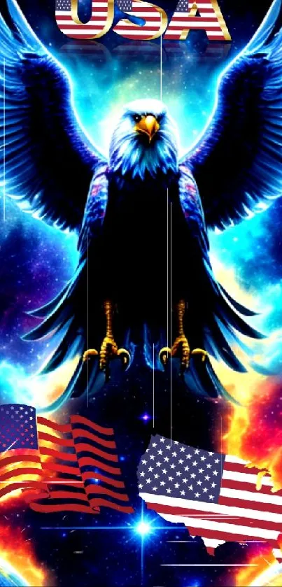 Majestic eagle with USA flag design on cosmic background wallpaper.