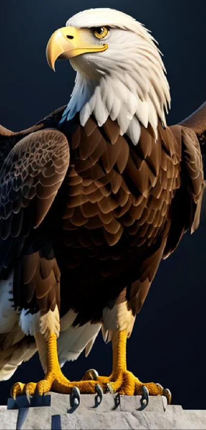 Majestic eagle with outspread wings perched on a rock, set against a dark background.