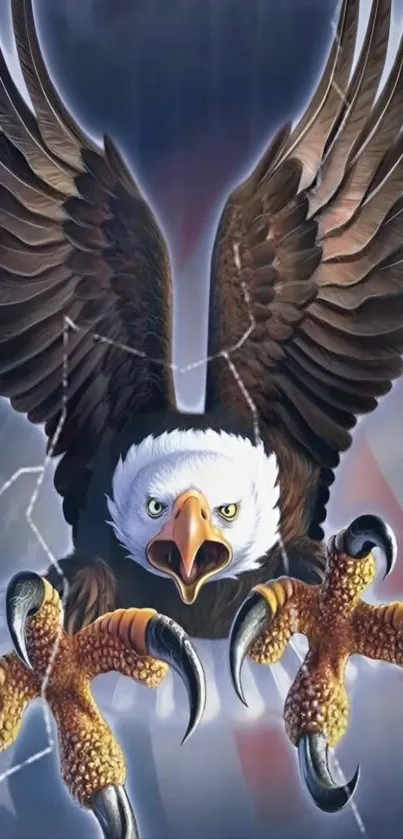 Majestic bald eagle soaring with talons extended against a dramatic sky.