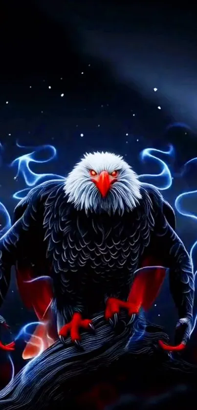 Neon eagle perched in cosmic scene with dark backdrop.