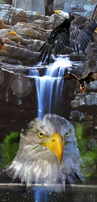 A majestic eagle with a waterfall in a scenic natural setting.