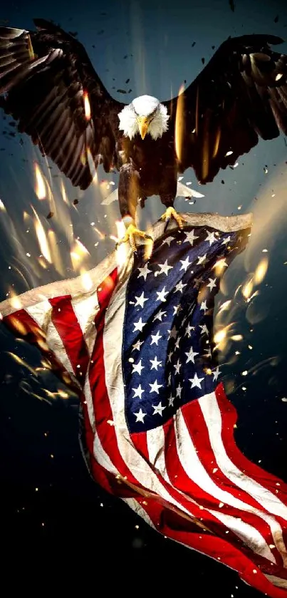 Eagle grasping American flag, dynamic and bold wallpaper.