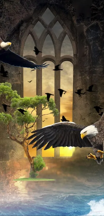 Majestic eagles flying at sunset by a gothic window with nature scenery.