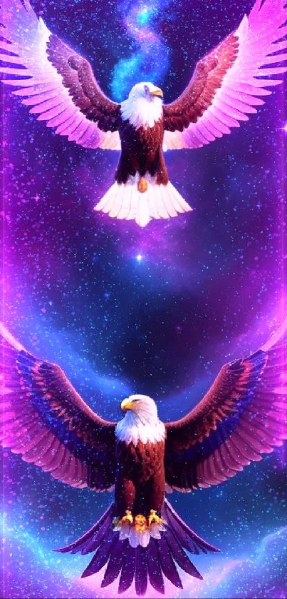 Majestic eagles soaring through a vibrant cosmic sky in a stunning mobile wallpaper.