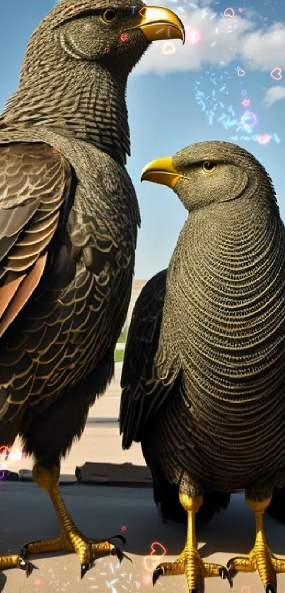 Two majestic eagles in afternoon sunlight with a clear blue sky.