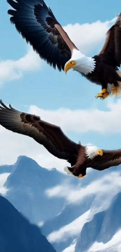 Two bald eagles soar over mountains in a bright blue sky wallpaper.