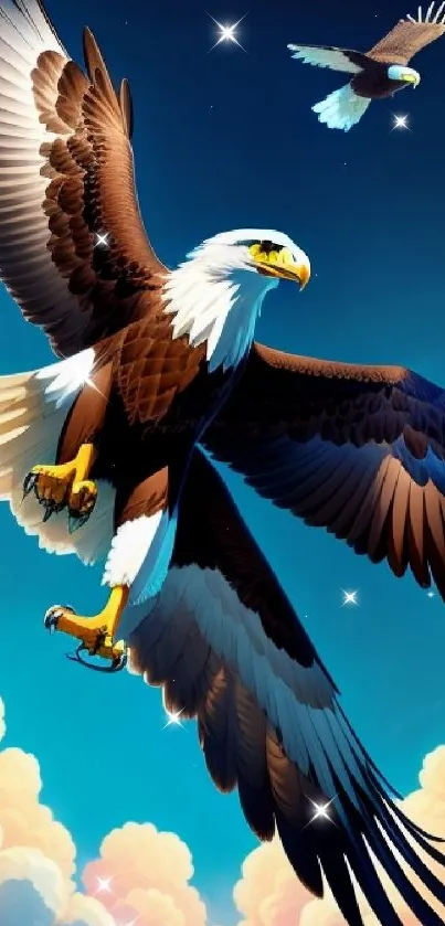 Majestic eagles soaring in vibrant blue sky with clouds.