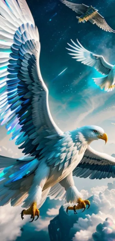Majestic eagles soaring in a celestial sky, vibrant wallpaper.