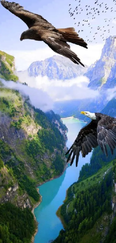 Majestic eagles soar over a lush green mountain valley with blue skies.