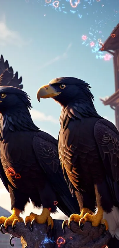 Two eagles perched with an urban backdrop and sky.