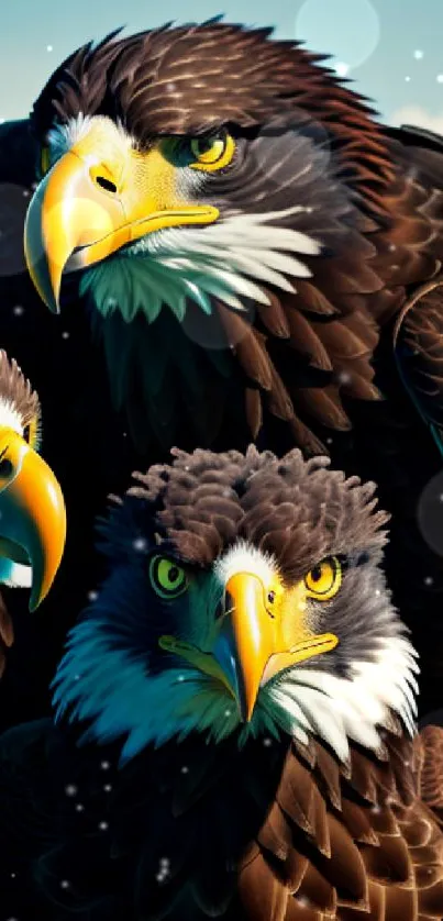 Close-up of three majestic eagles with vivid yellow beaks against a blue sky.