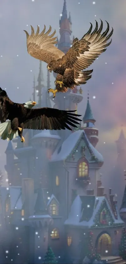 Majestic eagles soar above a snow-covered castle at dusk.