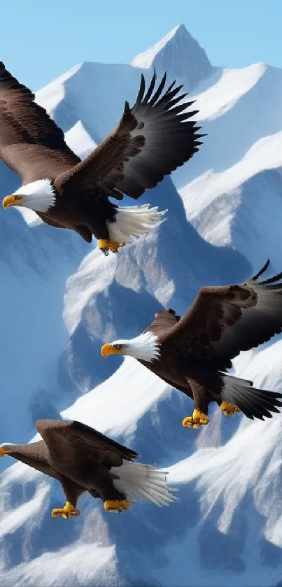 Eagles soaring majestically over snow-capped mountains in a stunning natural scene.