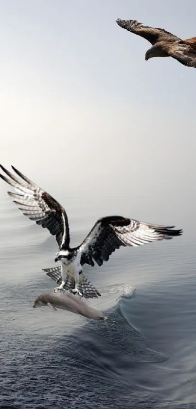 Two majestic eagles soar over calm ocean waters.