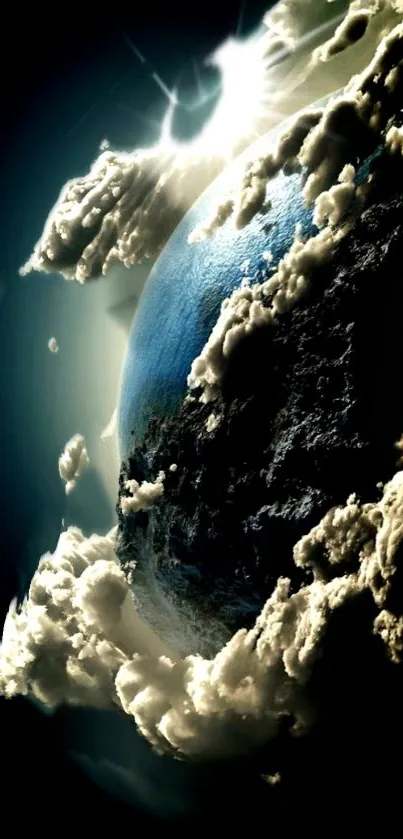 Earth surrounded by dramatic clouds against a cosmic backdrop.